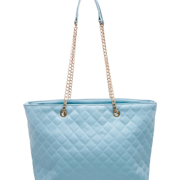 🆕 Badgley Mischka Light Blue Vegan Leather Quilted Tote with Gold Chain Straps - Picture 4 of 6